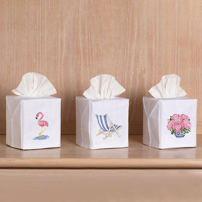 Square Tissue Box Cover, Linen/Cotton Fabric Tissue Holder, Decorative Cloth Tissue Cube Cover, Botanical Designs, Basket of Peonies (Pink)
