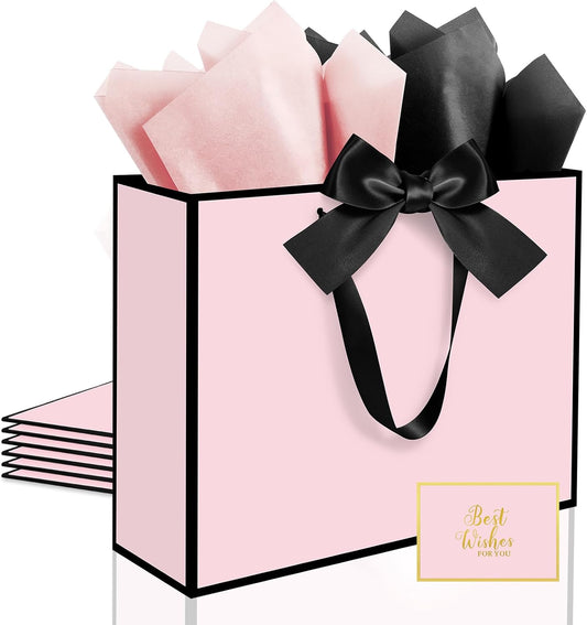 3 Pack Elegant Large Gift Bags with Handles, 12.6x10x4 Inch - Set Includes Tissue Paper & Cards for Birthday, Baby Shower, Wedding, Anniversary, Mothers Day & Holiday Gifts (3Pcs Pink with Black Rim)