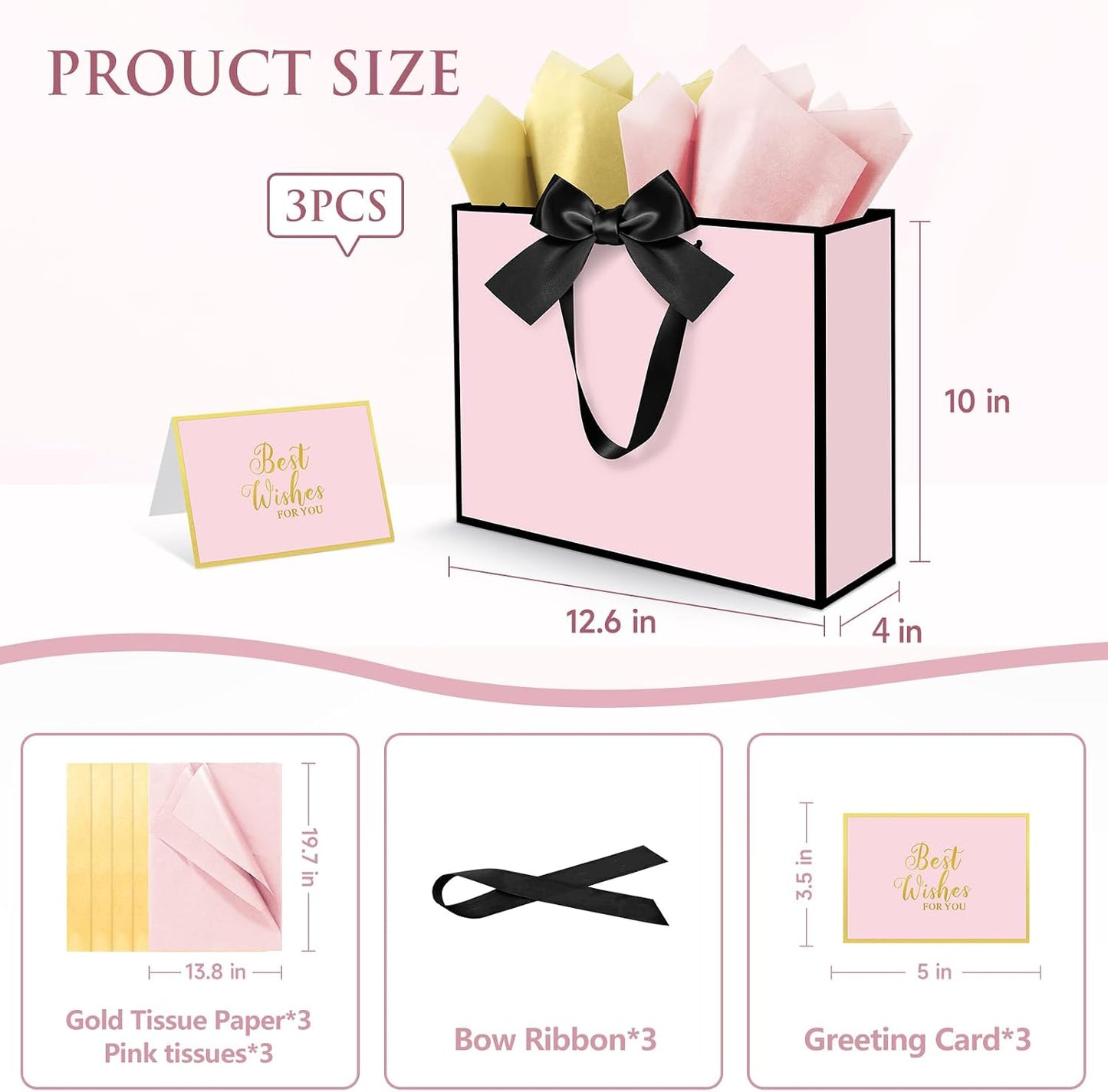 3 Pack Elegant Large Gift Bags with Handles, 12.6x10x4 Inch - Set Includes Tissue Paper & Cards for Birthday, Baby Shower, Wedding, Anniversary, Mothers Day & Holiday Gifts (3Pcs Pink with Black Rim)