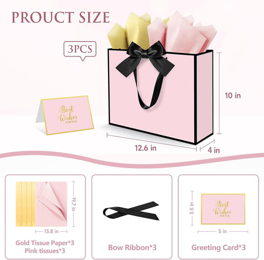 3 Pack Elegant Large Gift Bags with Handles, 12.6x10x4 Inch - Set Includes Tissue Paper & Cards for Birthday, Baby Shower, Wedding, Anniversary, Mothers Day & Holiday Gifts (3Pcs Pink with Black Rim)