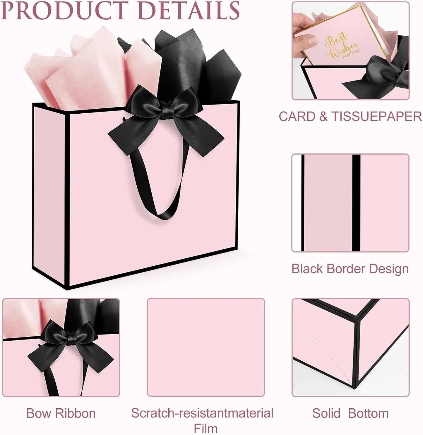 3 Pack Elegant Large Gift Bags with Handles, 12.6x10x4 Inch - Set Includes Tissue Paper & Cards for Birthday, Baby Shower, Wedding, Anniversary, Mothers Day & Holiday Gifts (3Pcs Pink with Black Rim)