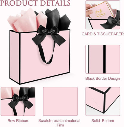 3 Pack Elegant Large Gift Bags with Handles, 12.6x10x4 Inch - Set Includes Tissue Paper & Cards for Birthday, Baby Shower, Wedding, Anniversary, Mothers Day & Holiday Gifts (3Pcs Pink with Black Rim)