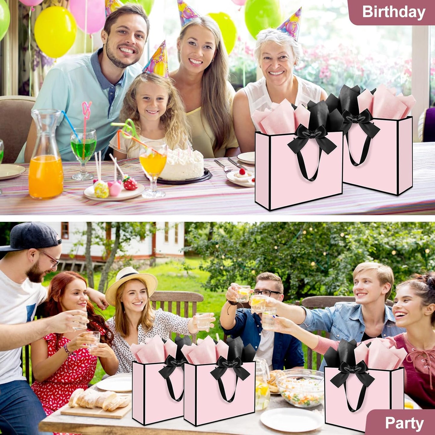3 Pack Elegant Large Gift Bags with Handles, 12.6x10x4 Inch - Set Includes Tissue Paper & Cards for Birthday, Baby Shower, Wedding, Anniversary, Mothers Day & Holiday Gifts (3Pcs Pink with Black Rim)