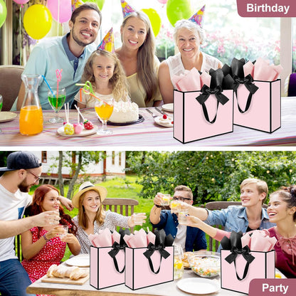 3 Pack Elegant Large Gift Bags with Handles, 12.6x10x4 Inch - Set Includes Tissue Paper & Cards for Birthday, Baby Shower, Wedding, Anniversary, Mothers Day & Holiday Gifts (3Pcs Pink with Black Rim)