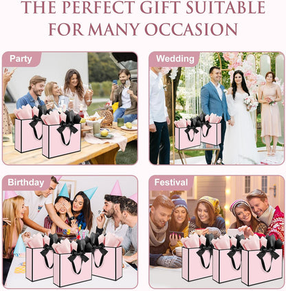3 Pack Elegant Large Gift Bags with Handles, 12.6x10x4 Inch - Set Includes Tissue Paper & Cards for Birthday, Baby Shower, Wedding, Anniversary, Mothers Day & Holiday Gifts (3Pcs Pink with Black Rim)