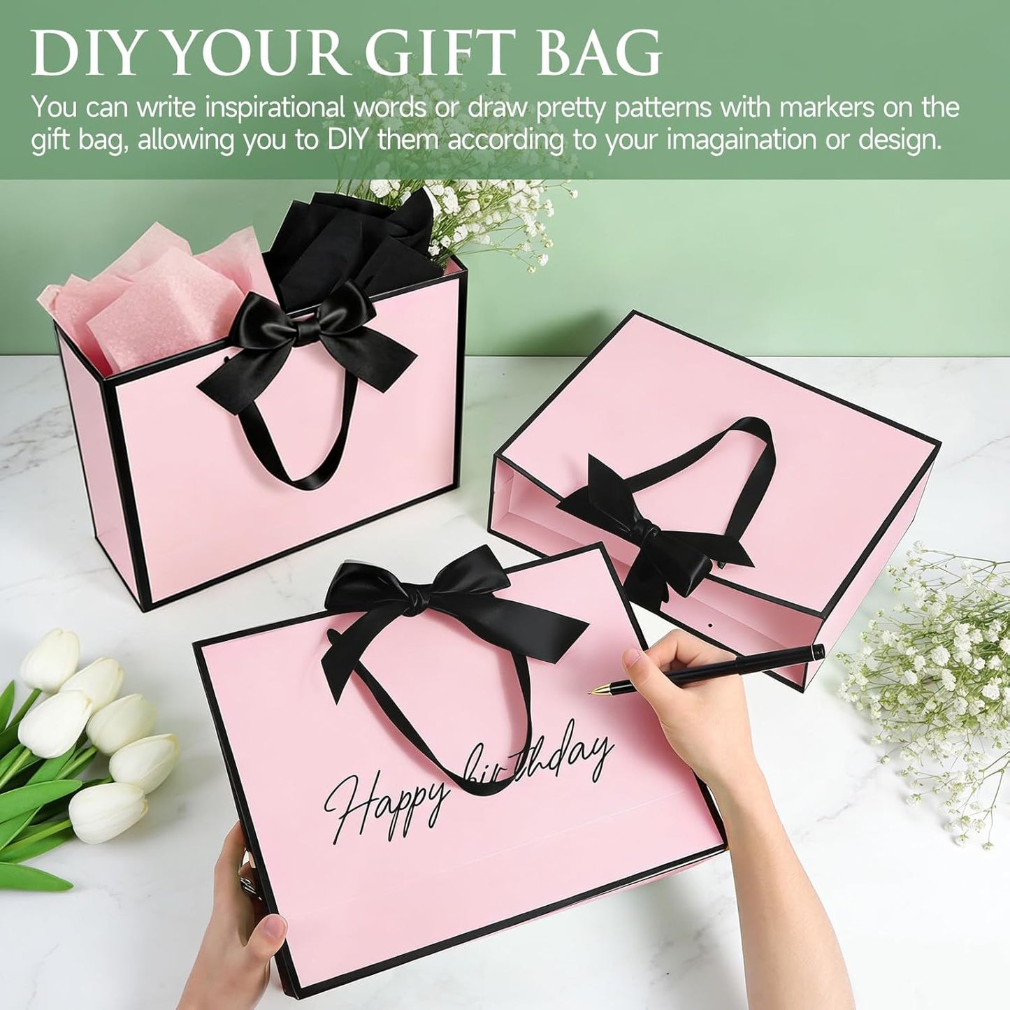 3 Pack Elegant Large Gift Bags with Handles, 12.6x10x4 Inch - Set Includes Tissue Paper & Cards for Birthday, Baby Shower, Wedding, Anniversary, Mothers Day & Holiday Gifts (3Pcs Pink with Black Rim)