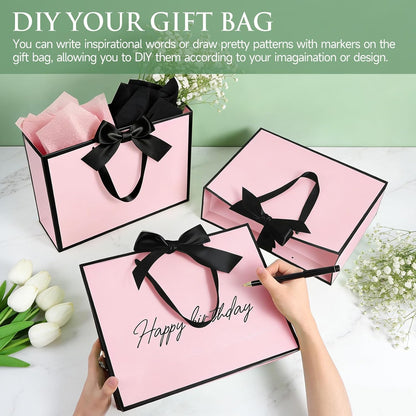 3 Pack Elegant Large Gift Bags with Handles, 12.6x10x4 Inch - Set Includes Tissue Paper & Cards for Birthday, Baby Shower, Wedding, Anniversary, Mothers Day & Holiday Gifts (3Pcs Pink with Black Rim)
