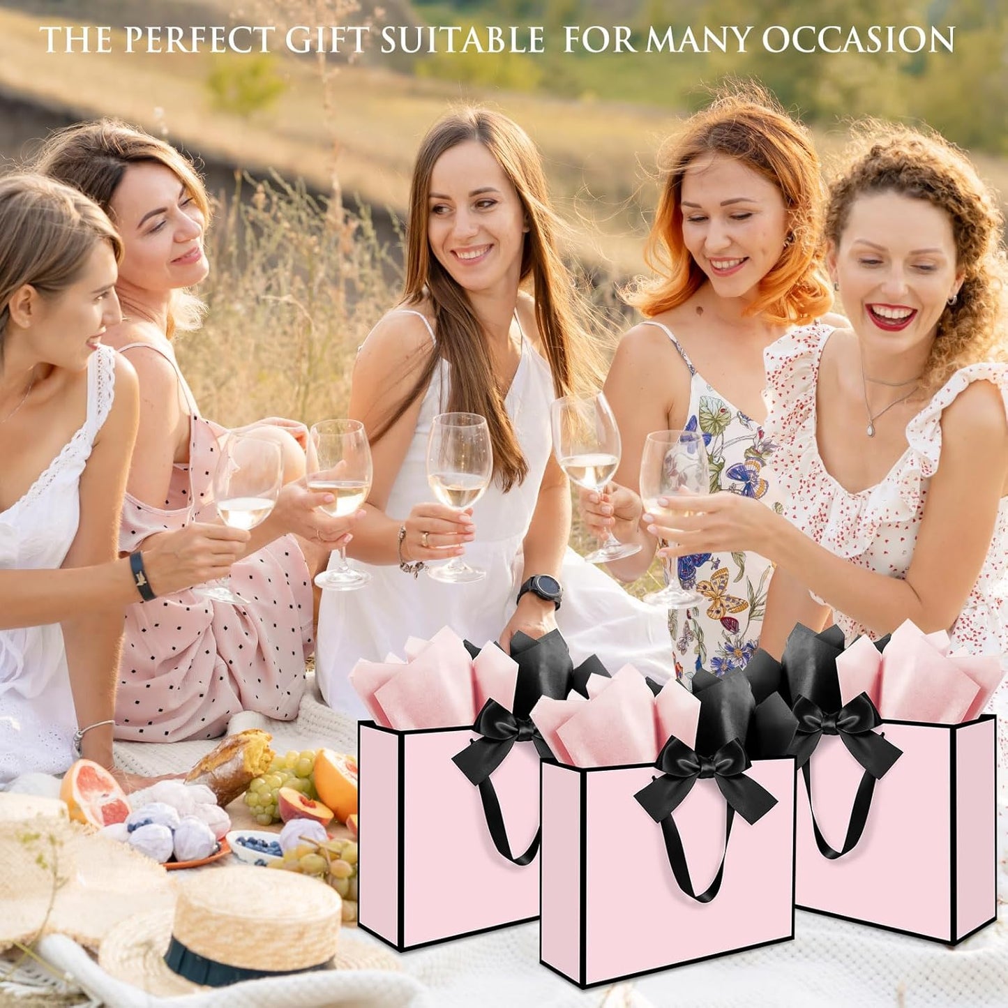 3 Pack Elegant Large Gift Bags with Handles, 12.6x10x4 Inch - Set Includes Tissue Paper & Cards for Birthday, Baby Shower, Wedding, Anniversary, Mothers Day & Holiday Gifts (3Pcs Pink with Black Rim)