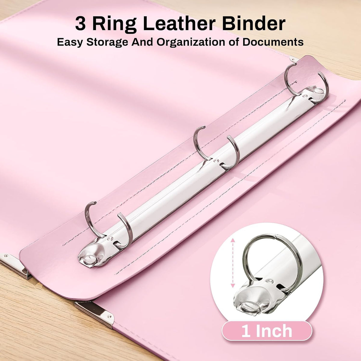 PU Leather 3 Ring Binder Fits 8.5"x11" Letter Size Paper, 1 Inch Round Ring Binder Holds 200 Sheets, Notepad Paper Cover Loose Leaf Organizer for School, Pink
