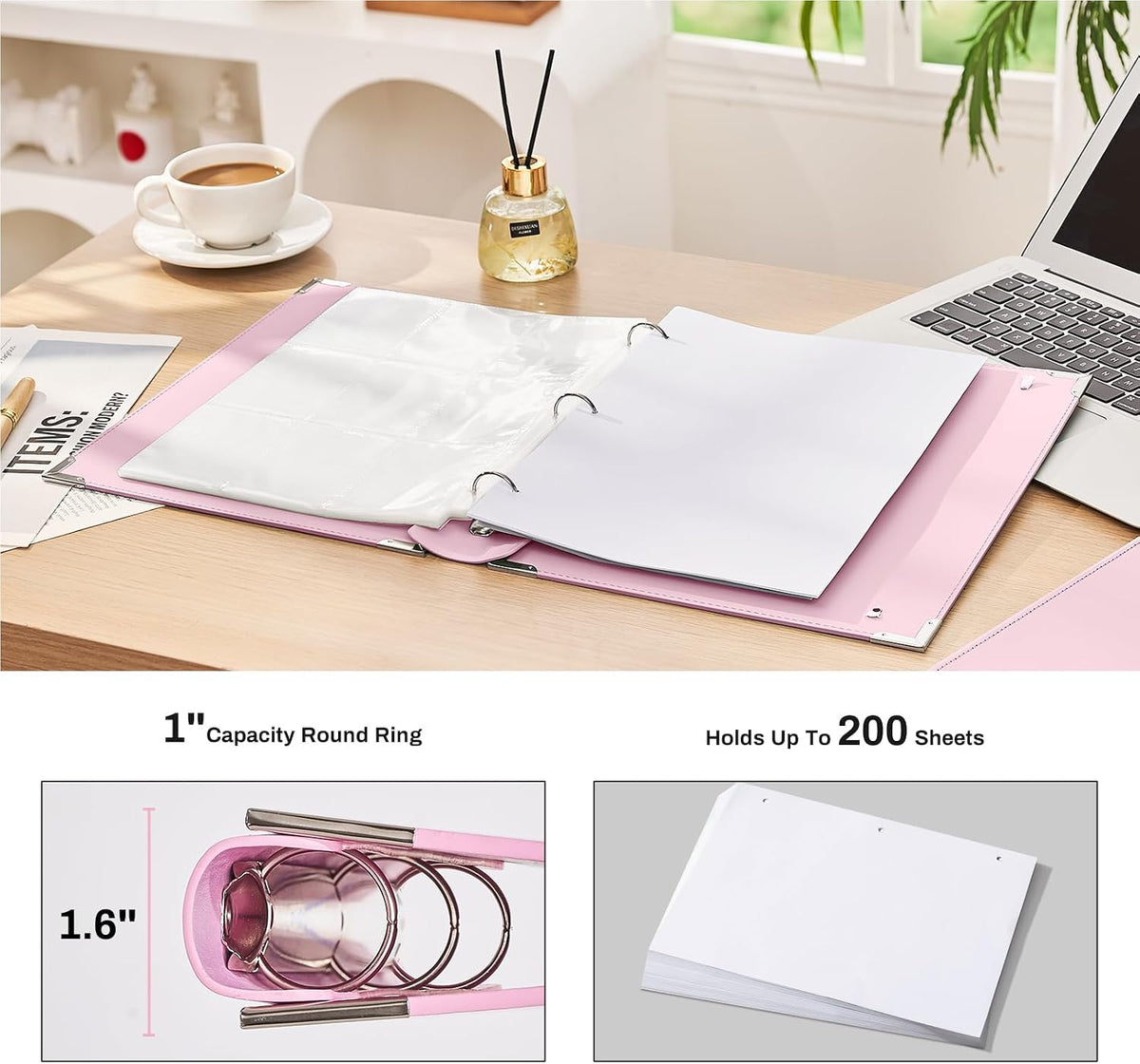 PU Leather 3 Ring Binder Fits 8.5"x11" Letter Size Paper, 1 Inch Round Ring Binder Holds 200 Sheets, Notepad Paper Cover Loose Leaf Organizer for School, Pink