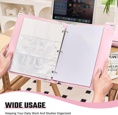PU Leather 3 Ring Binder Fits 8.5"x11" Letter Size Paper, 1 Inch Round Ring Binder Holds 200 Sheets, Notepad Paper Cover Loose Leaf Organizer for School, Pink
