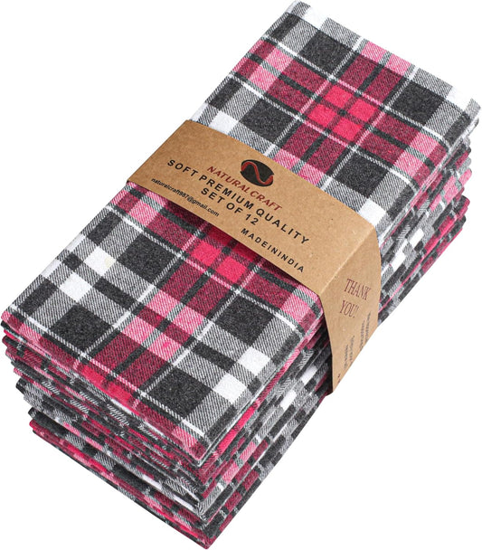 NATURALCRAFT Dinner Cloth Napkin Cotton LinenBlend Fabric Mitered Corners for Every Day Use Napkins are Pre Shrunk and Good Absorbency Yarn Dyed Check (18x18, Multi Color Check (Fuchsia Black))