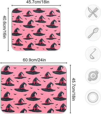 Witch Bow Hot Pink Dish Drying Mat for Kitchen Countertop 16x18 Halloween Bowknot Bat Small Drying Mat Reusable Quick Dry Dish Sink Mats Easy Clean Decorative Essentials