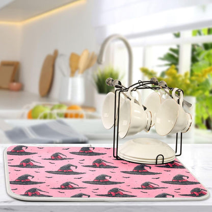 Witch Bow Hot Pink Dish Drying Mat for Kitchen Countertop 16x18 Halloween Bowknot Bat Small Drying Mat Reusable Quick Dry Dish Sink Mats Easy Clean Decorative Essentials