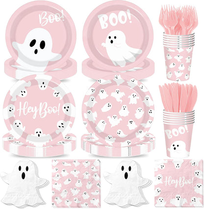 Halloween Paper Plates and Napkins, 144Pcs Pink Halloween Decor Ghost Plates and Napkins Cute Boo Ghost Tableware Set for Hallo-ween Birthday Party Decorations Boo Baby Shower Party Supplies (Pink)