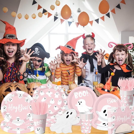 Halloween Paper Plates and Napkins, 144Pcs Pink Halloween Decor Ghost Plates and Napkins Cute Boo Ghost Tableware Set for Hallo-ween Birthday Party Decorations Boo Baby Shower Party Supplies (Pink)