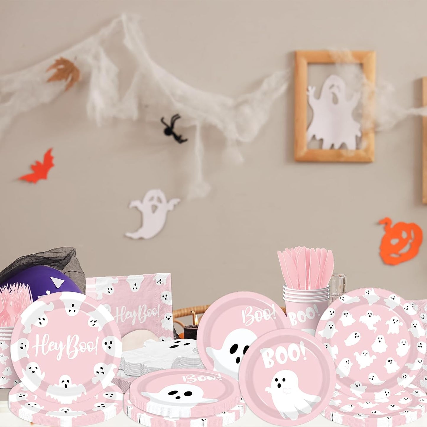 Halloween Paper Plates and Napkins, 144Pcs Pink Halloween Decor Ghost Plates and Napkins Cute Boo Ghost Tableware Set for Hallo-ween Birthday Party Decorations Boo Baby Shower Party Supplies (Pink)