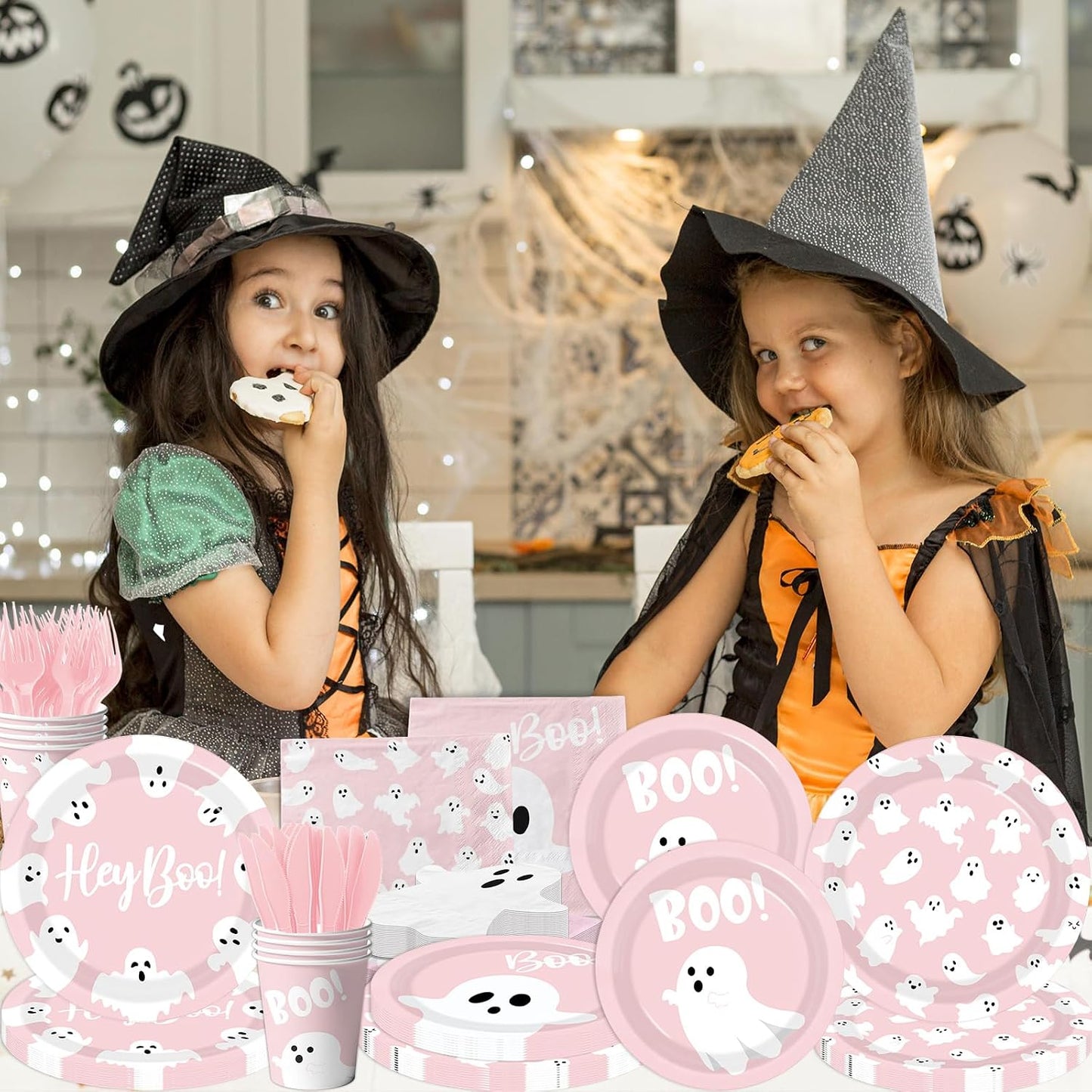 Halloween Paper Plates and Napkins, 144Pcs Pink Halloween Decor Ghost Plates and Napkins Cute Boo Ghost Tableware Set for Hallo-ween Birthday Party Decorations Boo Baby Shower Party Supplies (Pink)