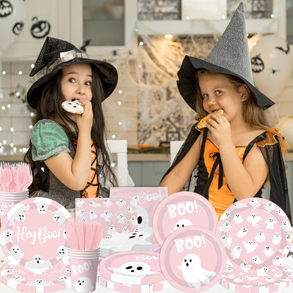 Halloween Paper Plates and Napkins, 144Pcs Pink Halloween Decor Ghost Plates and Napkins Cute Boo Ghost Tableware Set for Hallo-ween Birthday Party Decorations Boo Baby Shower Party Supplies (Pink)