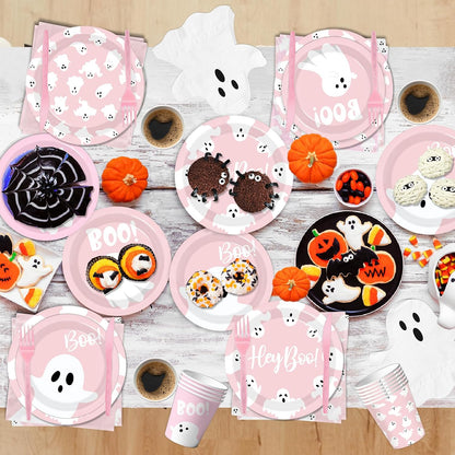 Halloween Paper Plates and Napkins, 144Pcs Pink Halloween Decor Ghost Plates and Napkins Cute Boo Ghost Tableware Set for Hallo-ween Birthday Party Decorations Boo Baby Shower Party Supplies (Pink)