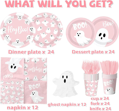 Halloween Paper Plates and Napkins, 144Pcs Pink Halloween Decor Ghost Plates and Napkins Cute Boo Ghost Tableware Set for Hallo-ween Birthday Party Decorations Boo Baby Shower Party Supplies (Pink)