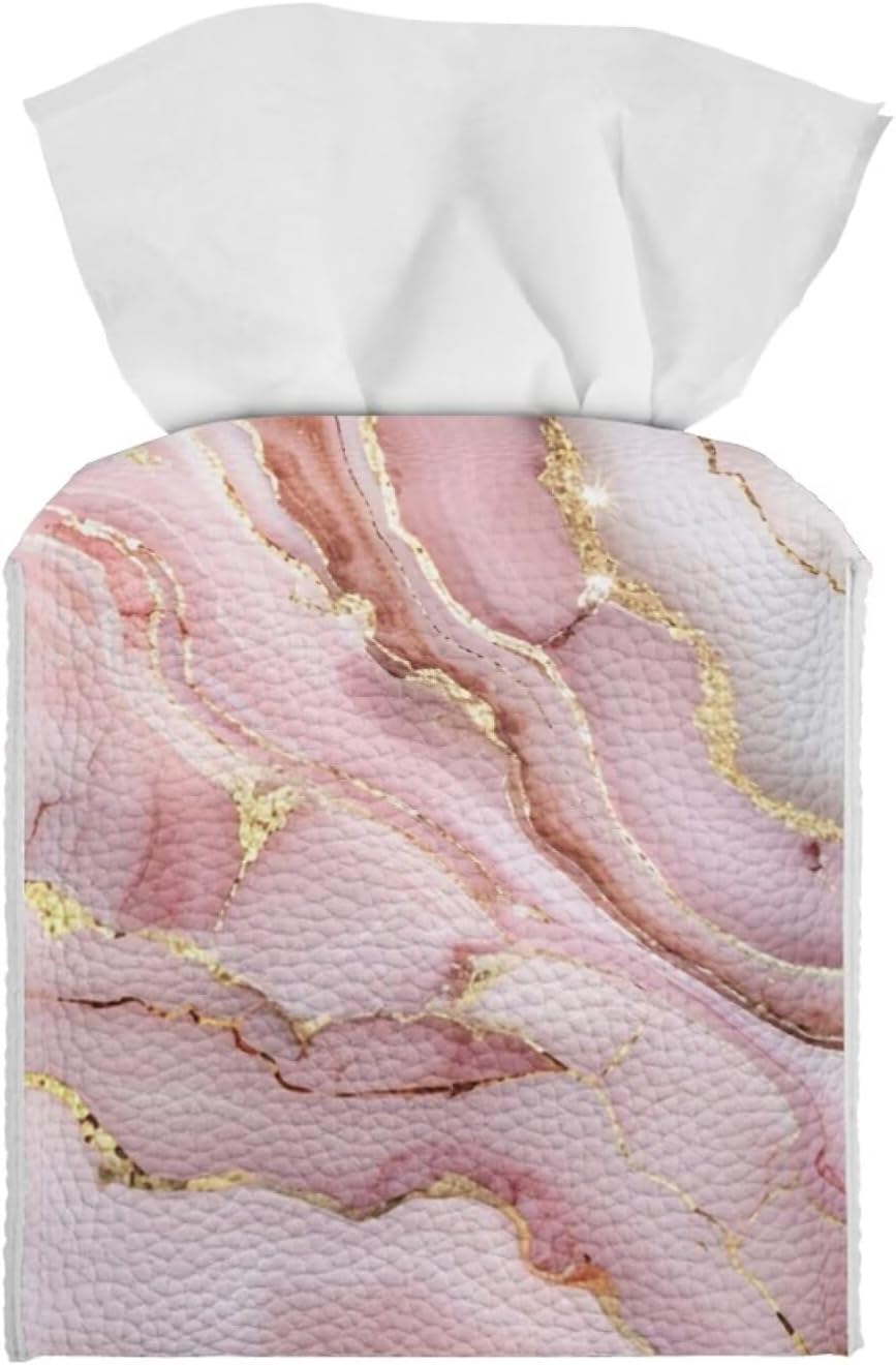 Pink Marble Cute Tissue Box Cover Modern Tissue Case Facial Paper Organizers Dispenser 5.1x5.5Inch PU Tissue Boxes for Desk Decor