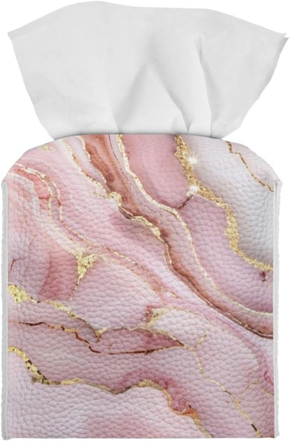 Pink Marble Cute Tissue Box Cover Modern Tissue Case Facial Paper Organizers Dispenser 5.1x5.5Inch PU Tissue Boxes for Desk Decor