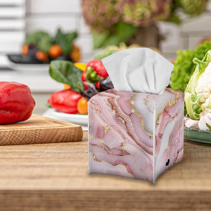 Pink Marble Cute Tissue Box Cover Modern Tissue Case Facial Paper Organizers Dispenser 5.1x5.5Inch PU Tissue Boxes for Desk Decor