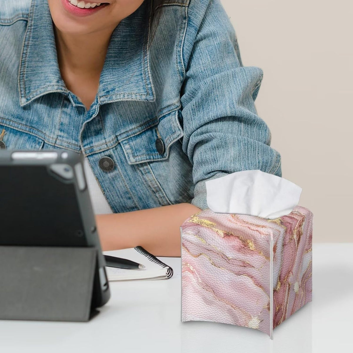 Pink Marble Cute Tissue Box Cover Modern Tissue Case Facial Paper Organizers Dispenser 5.1x5.5Inch PU Tissue Boxes for Desk Decor
