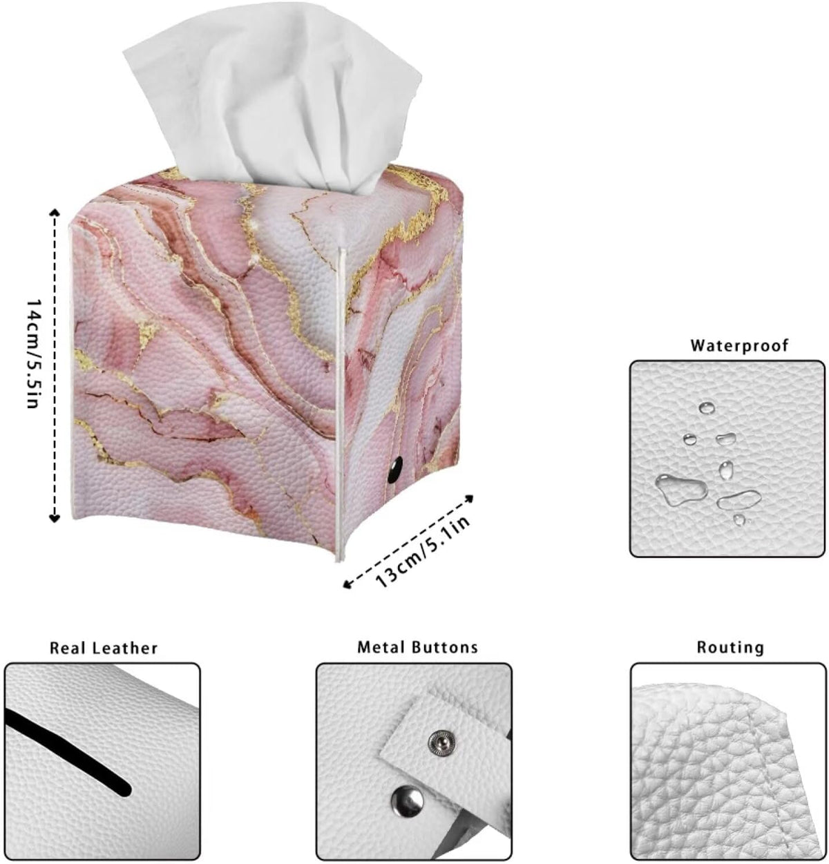 Pink Marble Cute Tissue Box Cover Modern Tissue Case Facial Paper Organizers Dispenser 5.1x5.5Inch PU Tissue Boxes for Desk Decor