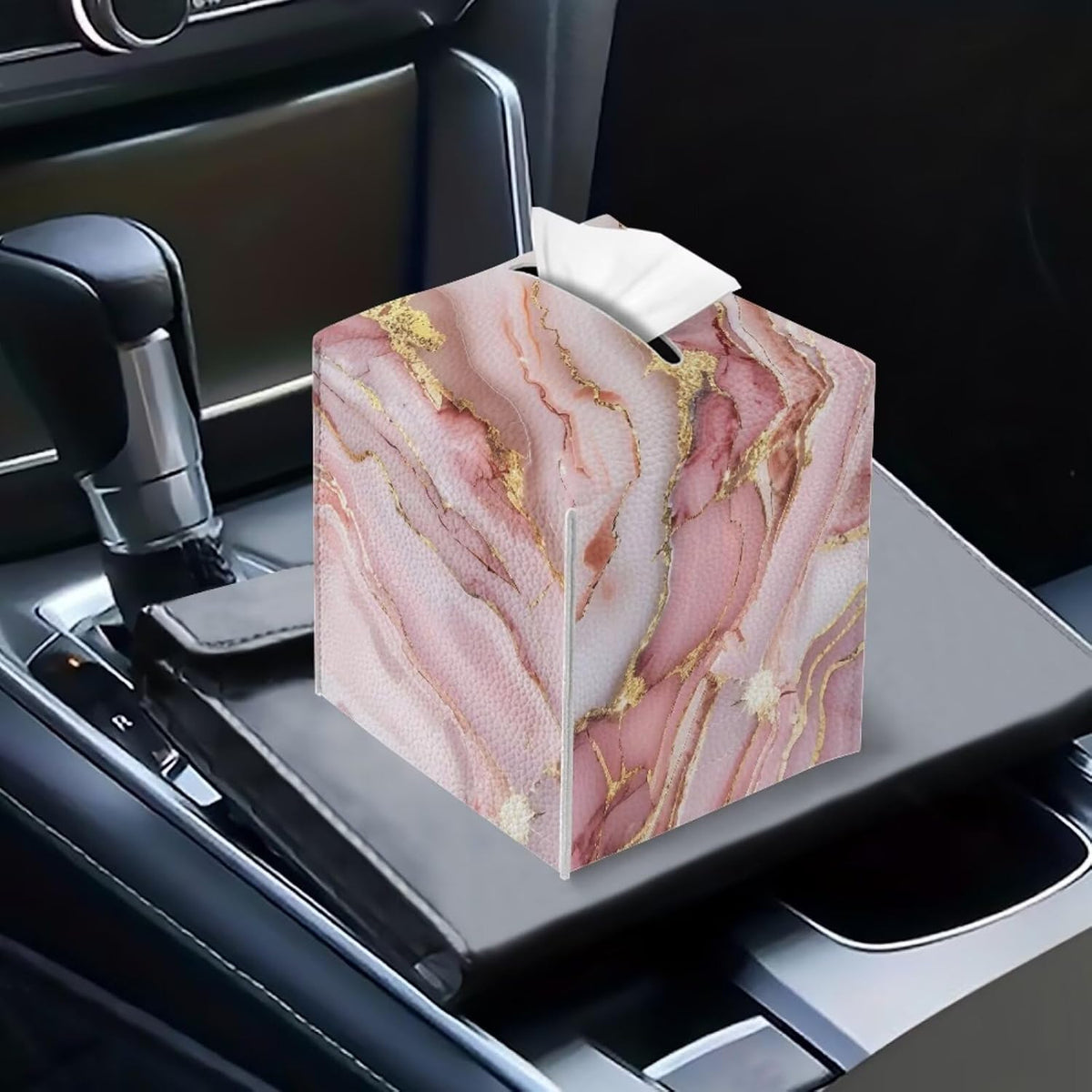 Pink Marble Cute Tissue Box Cover Modern Tissue Case Facial Paper Organizers Dispenser 5.1x5.5Inch PU Tissue Boxes for Desk Decor
