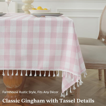 Pink Gingham Tablecloth Rectangle 55 x 120 Inch, Washable Checkered Plaid Table Cloth Heavy Duty Linen Cotton Fabric for Summer Outdoor Picnic Party Dining