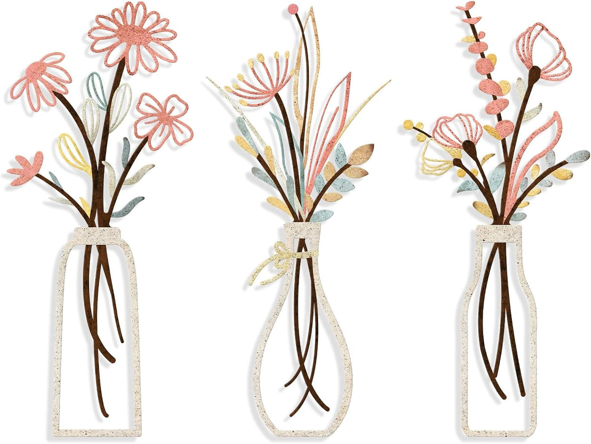 Pigort 3 Pieces Metal Flowers Wall Arts - Rustic Farmhouse Style Décor Metal Wall Art Black Minimalist Flower Natural Themed Wall Decors for Home Bedroom Dining Room Housewarming (Pink Beige)