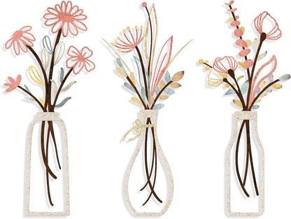 Pigort 3 Pieces Metal Flowers Wall Arts - Rustic Farmhouse Style Décor Metal Wall Art Black Minimalist Flower Natural Themed Wall Decors for Home Bedroom Dining Room Housewarming (Pink Beige)