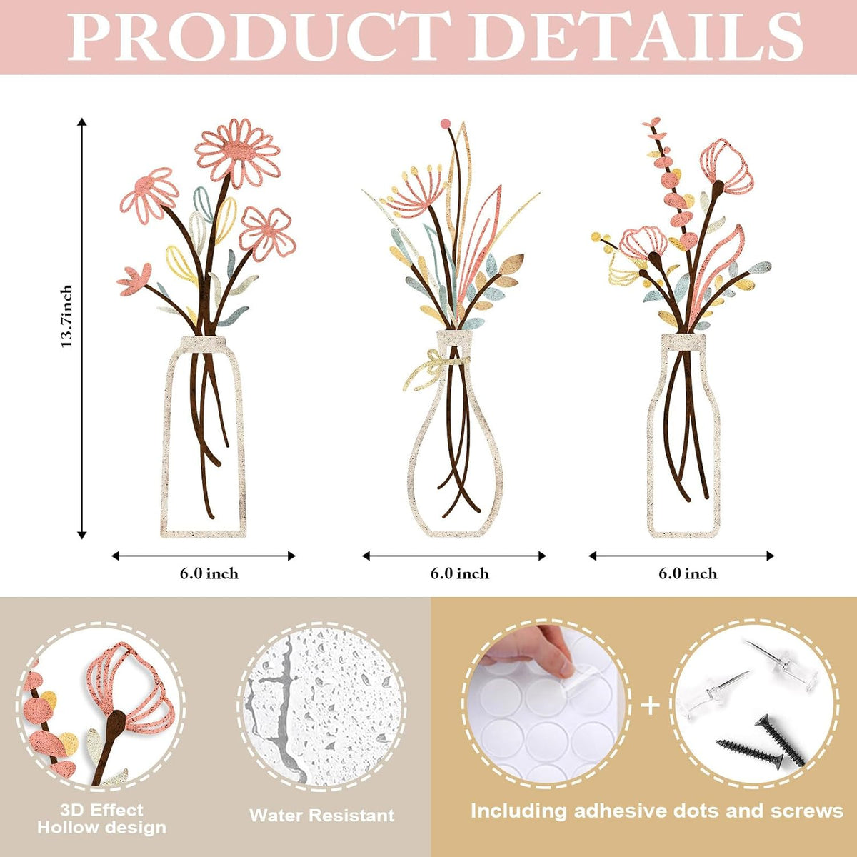 Pigort 3 Pieces Metal Flowers Wall Arts - Rustic Farmhouse Style Décor Metal Wall Art Black Minimalist Flower Natural Themed Wall Decors for Home Bedroom Dining Room Housewarming (Pink Beige)