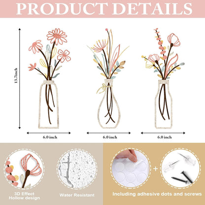 Pigort 3 Pieces Metal Flowers Wall Arts - Rustic Farmhouse Style Décor Metal Wall Art Black Minimalist Flower Natural Themed Wall Decors for Home Bedroom Dining Room Housewarming (Pink Beige)