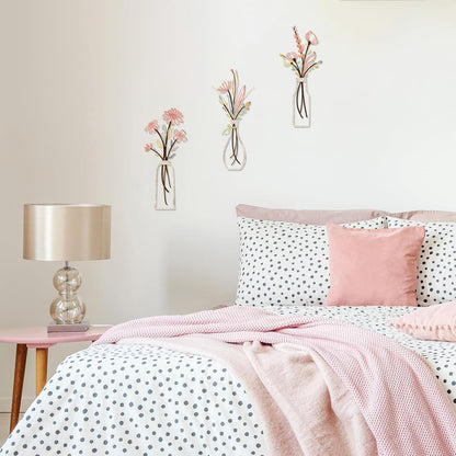 Pigort 3 Pieces Metal Flowers Wall Arts - Rustic Farmhouse Style Décor Metal Wall Art Black Minimalist Flower Natural Themed Wall Decors for Home Bedroom Dining Room Housewarming (Pink Beige)
