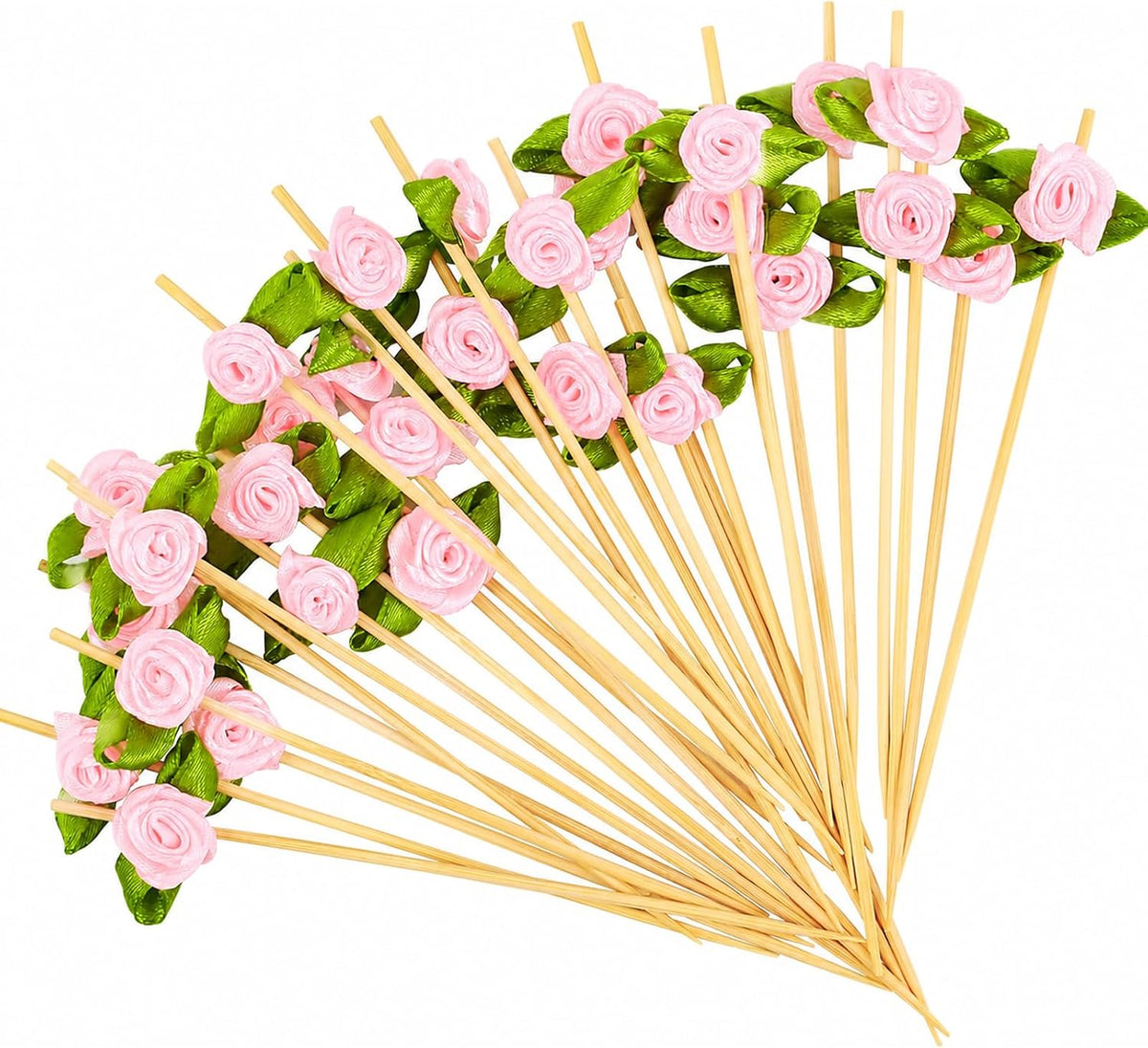 100pcs Pink Rose Flower Cocktail Picks 4.7 Inch, Valentine Decorations Toothpicks for Appetizers Bamboo Fruit Skewers Food Picks for Wedding Valentine Holiday Party Decoration (Pink)