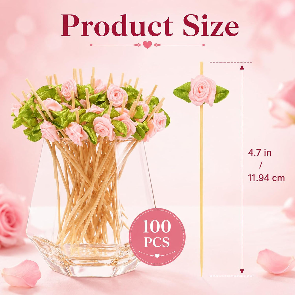 100pcs Pink Rose Flower Cocktail Picks 4.7 Inch, Valentine Decorations Toothpicks for Appetizers Bamboo Fruit Skewers Food Picks for Wedding Valentine Holiday Party Decoration (Pink)