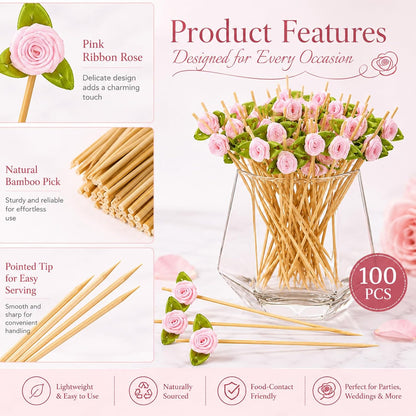 100pcs Pink Rose Flower Cocktail Picks 4.7 Inch, Valentine Decorations Toothpicks for Appetizers Bamboo Fruit Skewers Food Picks for Wedding Valentine Holiday Party Decoration (Pink)