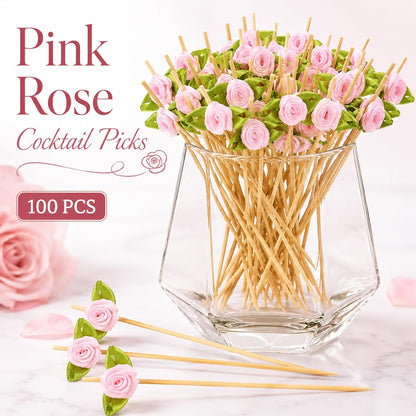 100pcs Pink Rose Flower Cocktail Picks 4.7 Inch, Valentine Decorations Toothpicks for Appetizers Bamboo Fruit Skewers Food Picks for Wedding Valentine Holiday Party Decoration (Pink)