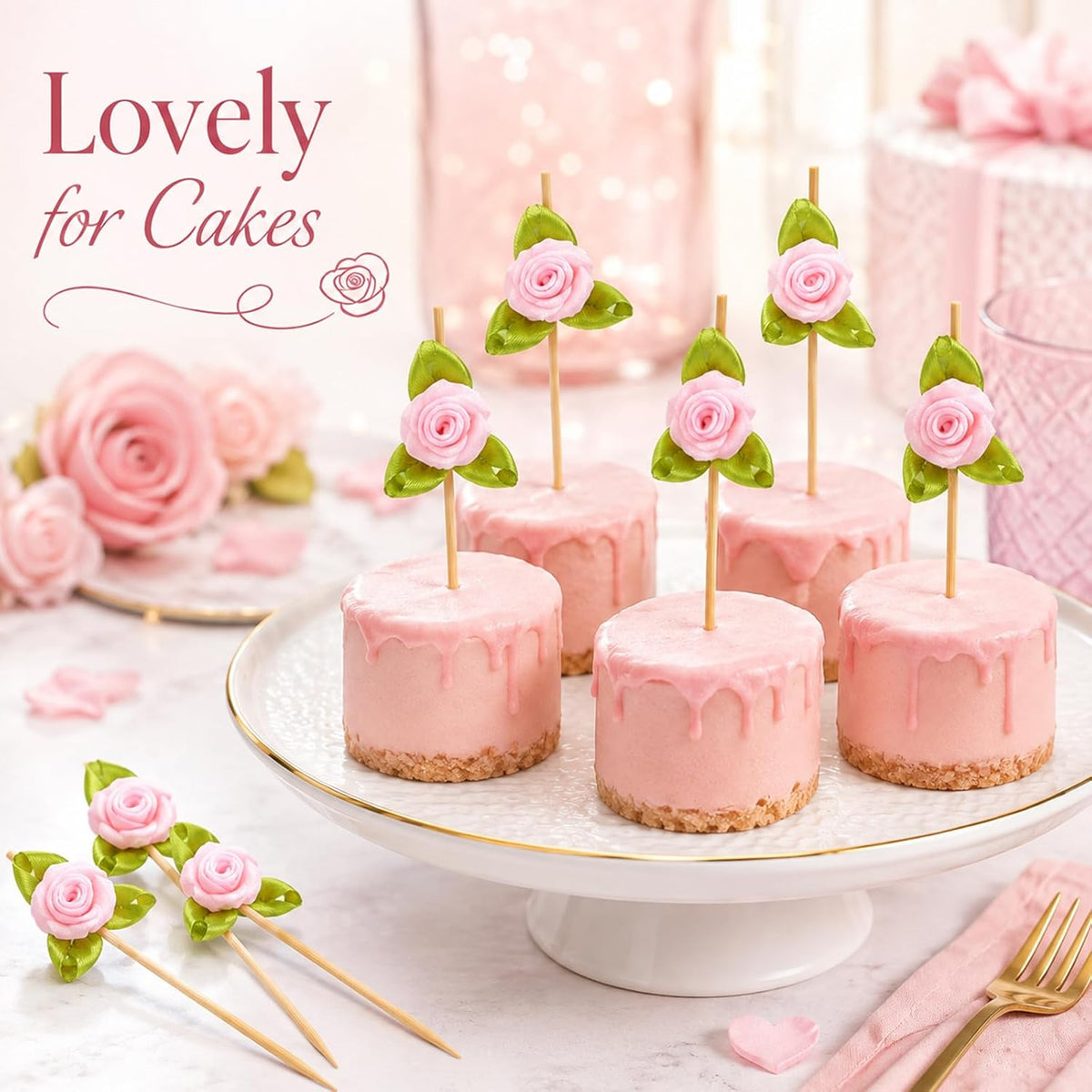 100pcs Pink Rose Flower Cocktail Picks 4.7 Inch, Valentine Decorations Toothpicks for Appetizers Bamboo Fruit Skewers Food Picks for Wedding Valentine Holiday Party Decoration (Pink)