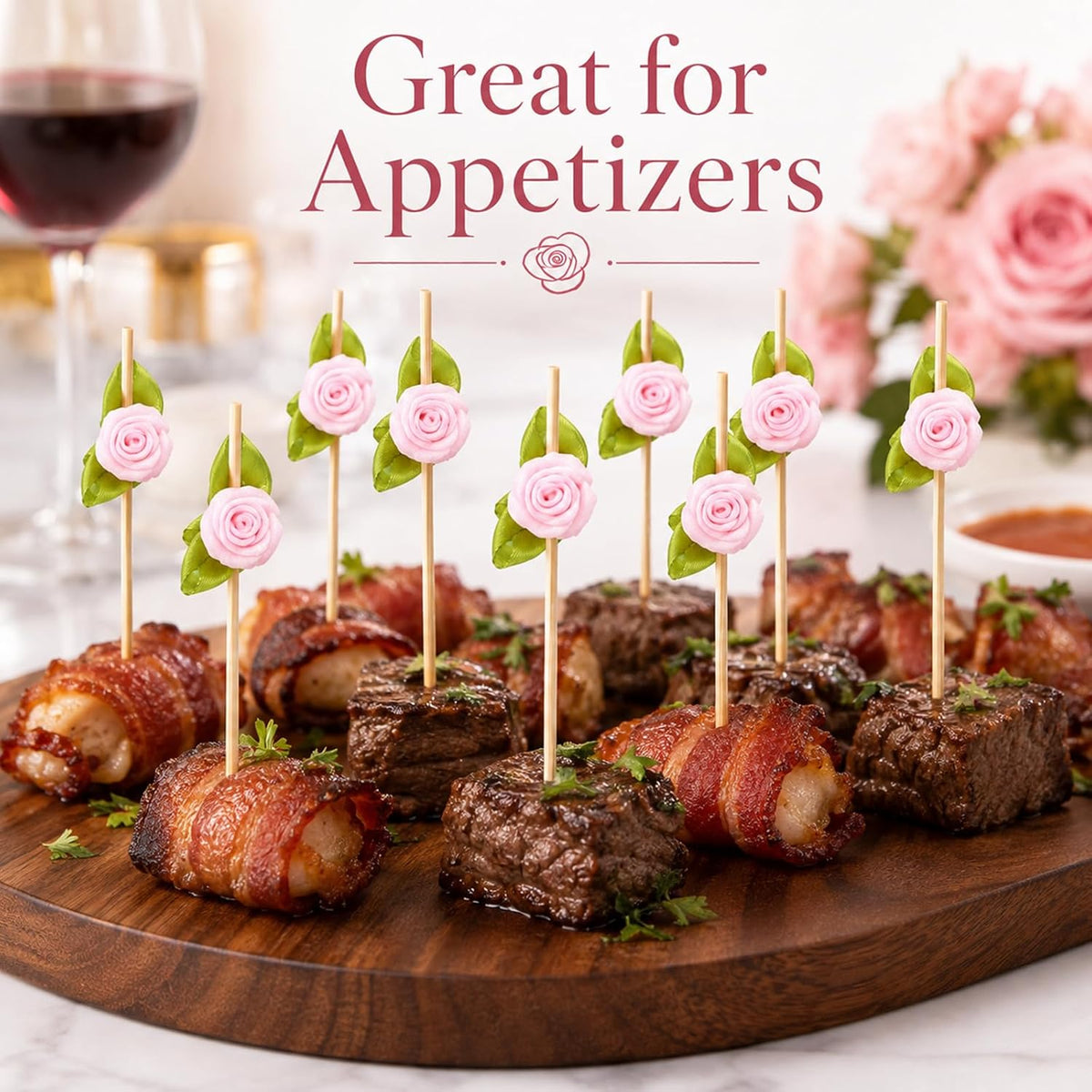 100pcs Pink Rose Flower Cocktail Picks 4.7 Inch, Valentine Decorations Toothpicks for Appetizers Bamboo Fruit Skewers Food Picks for Wedding Valentine Holiday Party Decoration (Pink)