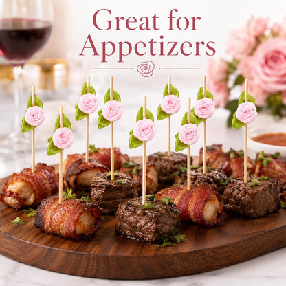 100pcs Pink Rose Flower Cocktail Picks 4.7 Inch, Valentine Decorations Toothpicks for Appetizers Bamboo Fruit Skewers Food Picks for Wedding Valentine Holiday Party Decoration (Pink)