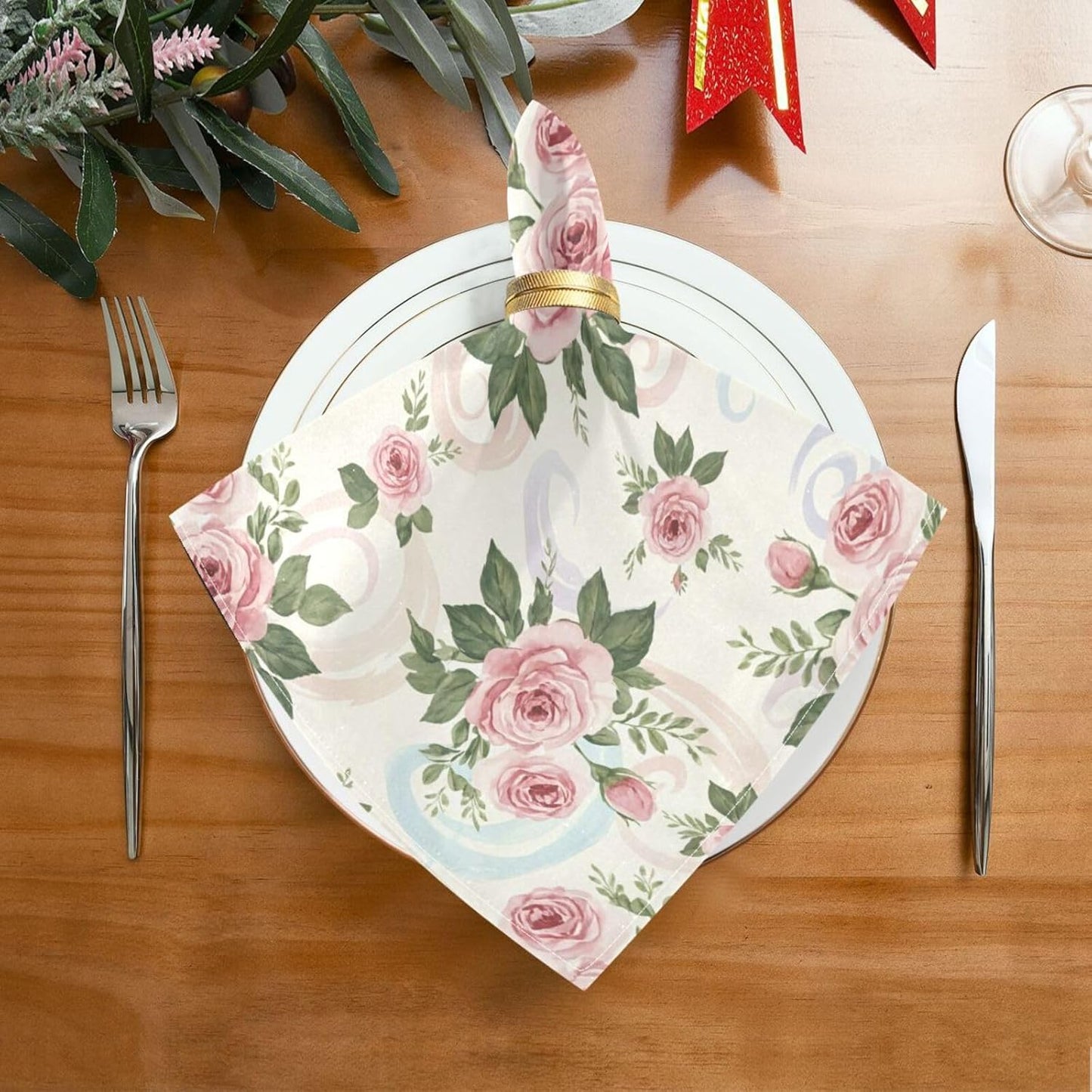 Pink Roses 4 Pack Cloth Napkins 20x20 Inch, Square Smooth Napkins Washable and Reusable Ideal for Party, Wedding and Lunch/Dinner