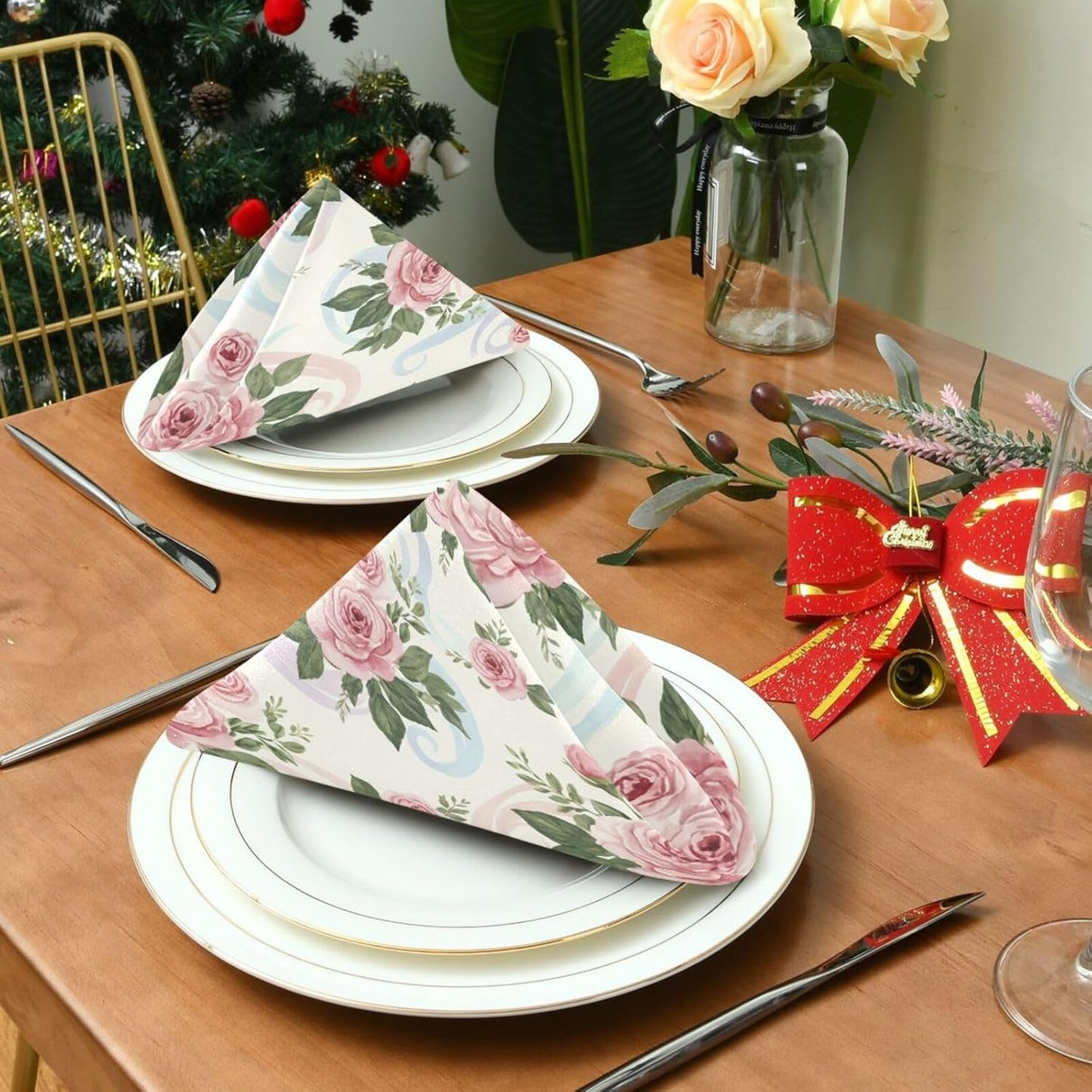 Pink Roses 4 Pack Cloth Napkins 20x20 Inch, Square Smooth Napkins Washable and Reusable Ideal for Party, Wedding and Lunch/Dinner
