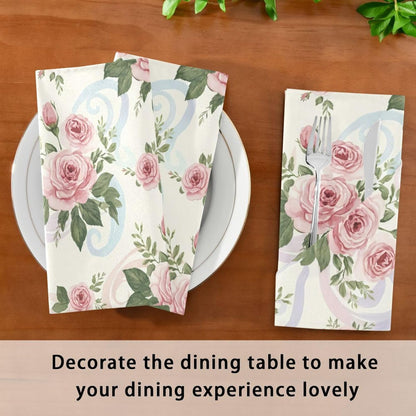 Pink Roses 4 Pack Cloth Napkins 20x20 Inch, Square Smooth Napkins Washable and Reusable Ideal for Party, Wedding and Lunch/Dinner