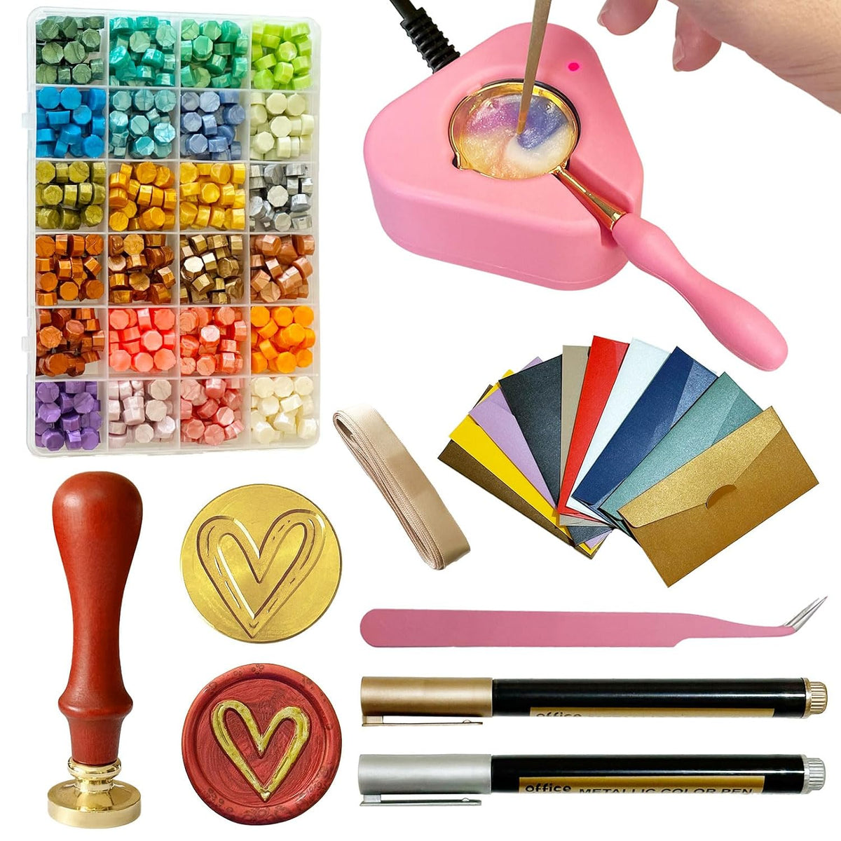 Electric Wax Seal Warmer Kit - Complete Set with Heart Stamp, 600 Wax Beads, 10 Envelopes & 2 Pens - Perfect for Wedding Invitations & DIY Letters (001Pink)