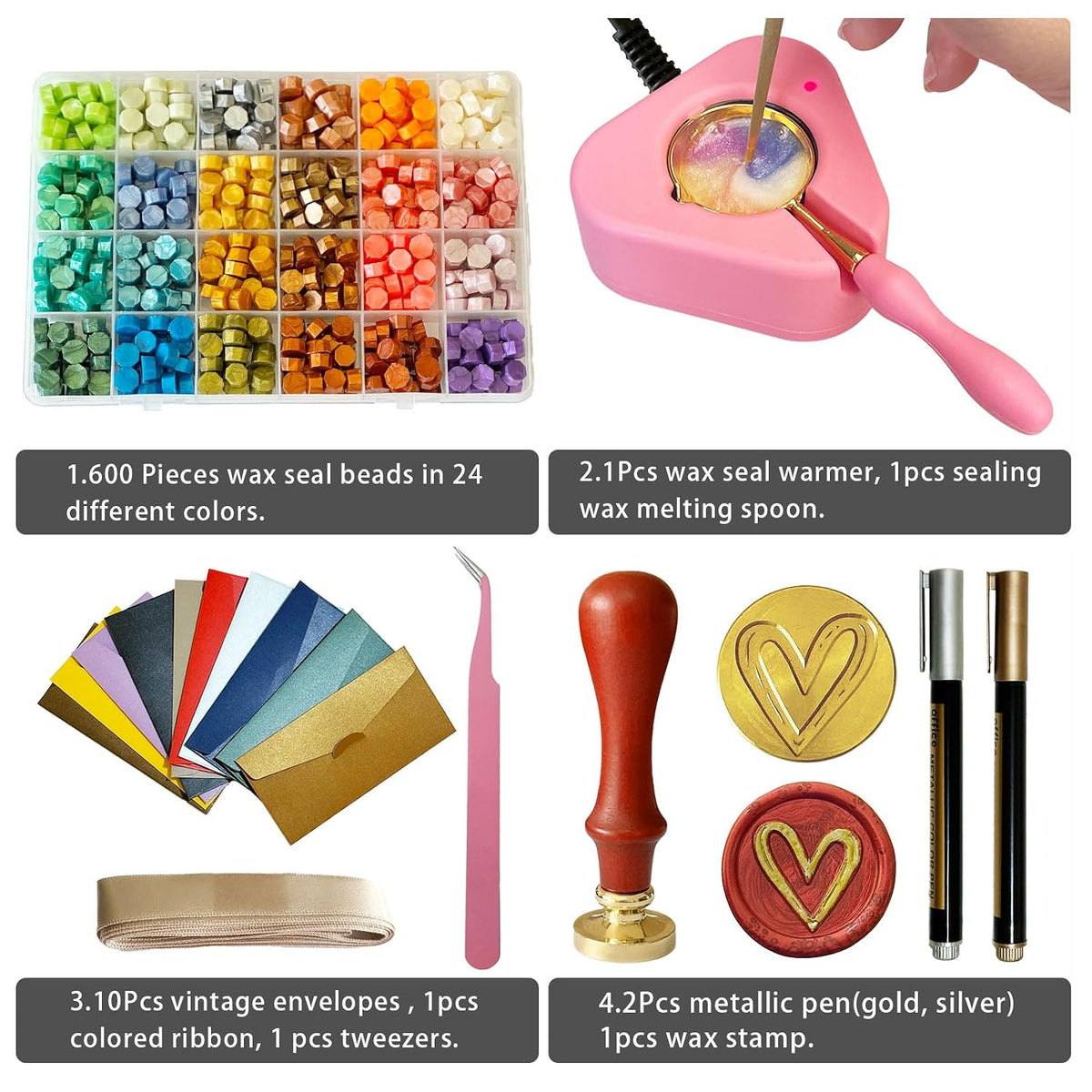 Electric Wax Seal Warmer Kit - Complete Set with Heart Stamp, 600 Wax Beads, 10 Envelopes & 2 Pens - Perfect for Wedding Invitations & DIY Letters (001Pink)