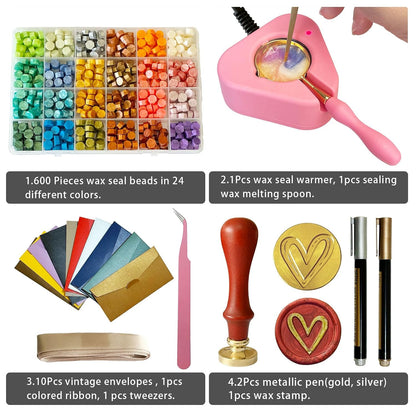 Electric Wax Seal Warmer Kit - Complete Set with Heart Stamp, 600 Wax Beads, 10 Envelopes & 2 Pens - Perfect for Wedding Invitations & DIY Letters (001Pink)